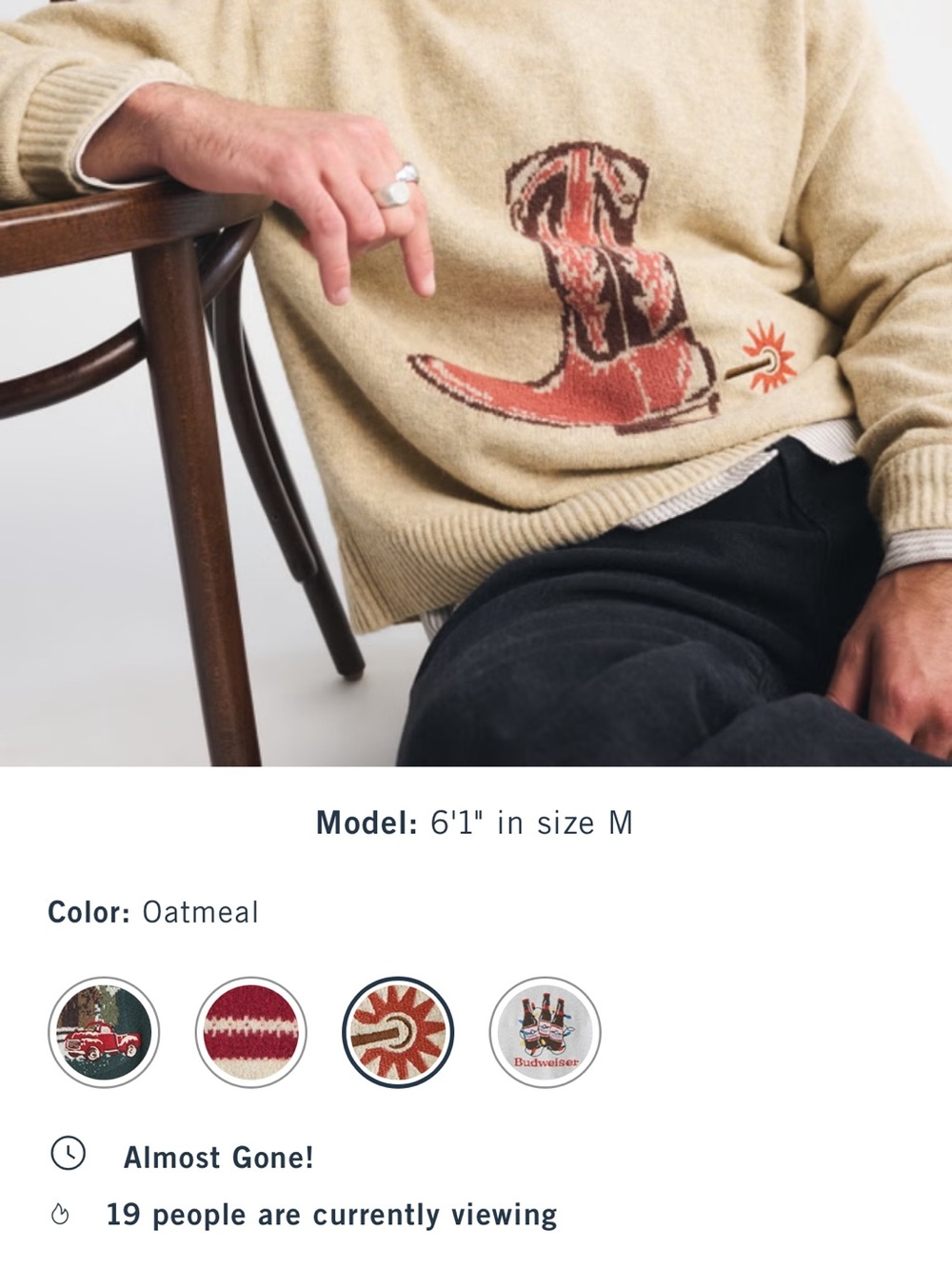 Abercrombie & Fitch Oatmeal Crewneck Sweater with Red-Brown Cowboy Boot Graphic